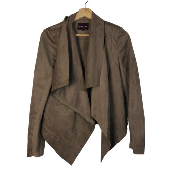 Vigoss Brown Faux Leather Suede Drape Front Moto Jacket S - Picture 2 of 5